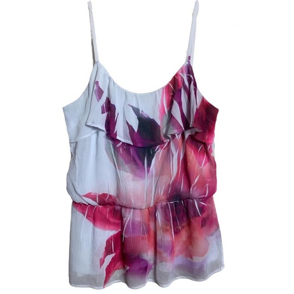iZBYER FLORAL MULTICOLORS TOP BLOUSE SIZE L SLEEVELESS ELASTIC WAIST LAYERED - Picture 1 of 8